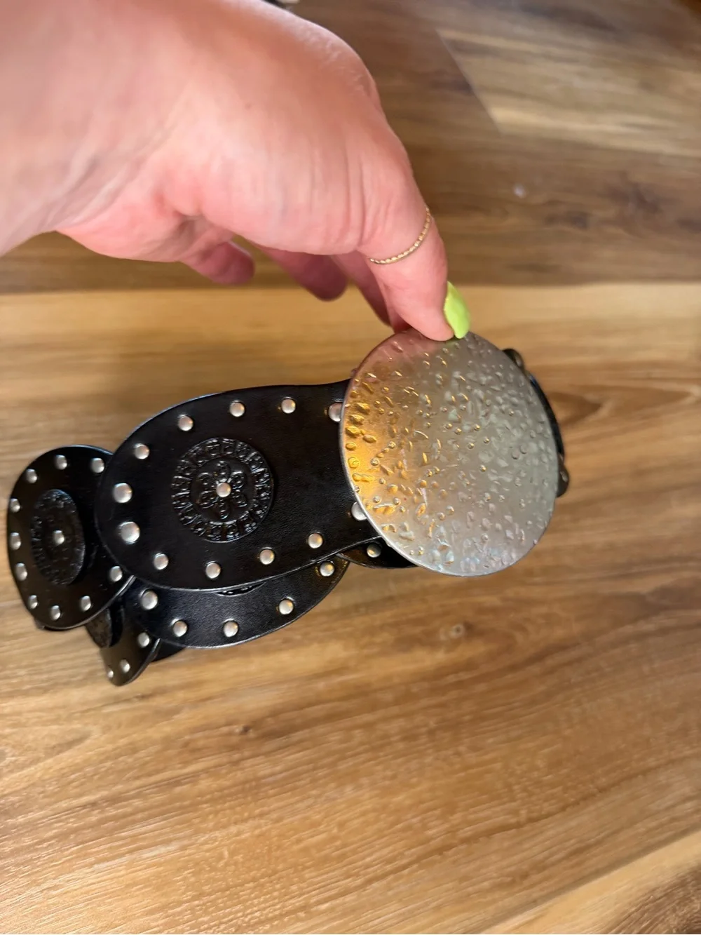 Black Leather Circle-Link Belt with Silver Medallion